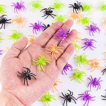 JIALWEN 120 Pieces Realistic Halloween Plastic Spiders 4 Colors Small Spider Toys Fake Spiders Terror Funny Prank Props for Halloween Home and Party Decorations