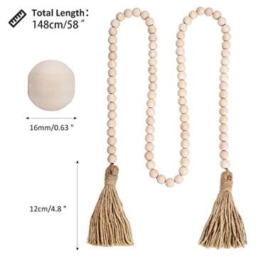 Prometis 58in/pc Farmhouse Wood Beads Garland Rustic Prayer Boho Country Beads with Tassels for Big ...
