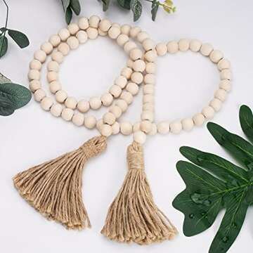 Prometis 58in/pc Farmhouse Wood Beads Garland Rustic Prayer Boho Country Beads with Tassels for Big Wall Hanging Decor (Nature)