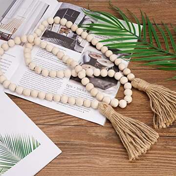 Prometis 58in/pc Farmhouse Wood Beads Garland Rustic Prayer Boho Country Beads with Tassels for Big Wall Hanging Decor (Nature)