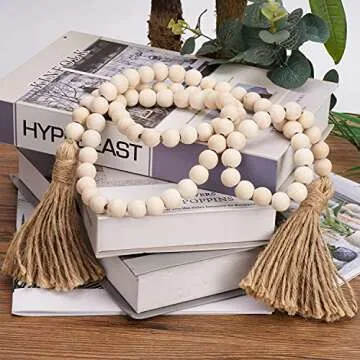 Prometis 58in/pc Farmhouse Wood Beads Garland Rustic Prayer Boho Country Beads with Tassels for Big Wall Hanging Decor (Nature)