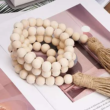 Prometis 58in/pc Farmhouse Wood Beads Garland Rustic Prayer Boho Country Beads with Tassels for Big Wall Hanging Decor (Nature)