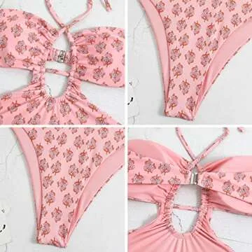 Two Pieces Swimsuits for Women Sheer Cover Ups Cheeky Push Up Bathing Suits with Wrap Skirt Halter Flattering High Cut Bikini Set Floral Sexy Plunge Summer Brazilian Swimwear Pink Halter S