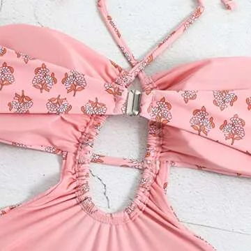 Two Pieces Swimsuits for Women Sheer Cover Ups Cheeky Push Up Bathing Suits with Wrap Skirt Halter Flattering High Cut Bikini Set Floral Sexy Plunge Summer Brazilian Swimwear Pink Halter S