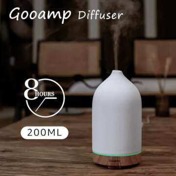 Gooamp 200ML Ceramic Diffuser,Aromatherapy Diffuser,Essential Oil Diffuser with 7 Color Lights Auto Shut Off for Home Office Room,Wood Grain Base (1/3/6/ON hrs Working time)