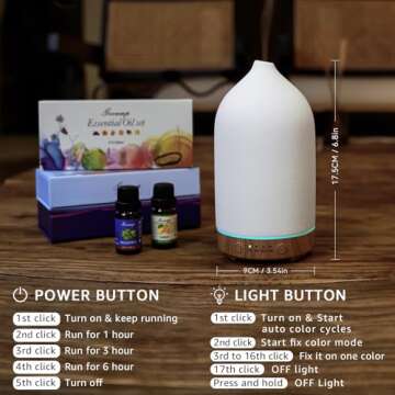 Gooamp 200ML Ceramic Diffuser,Aromatherapy Diffuser,Essential Oil Diffuser with 7 Color Lights Auto Shut Off for Home Office Room,Wood Grain Base (1/3/6/ON hrs Working time)