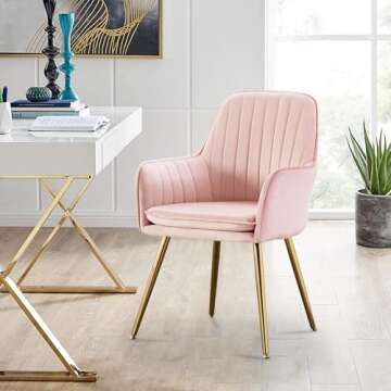 Altrobene Velvet Accent Chair, Home Office Desk Chair No Wheels, Modern Dinging Chair, Living Room Bedroom Arm Chair, Girls Vanity Chair, Golden Finished, Pink