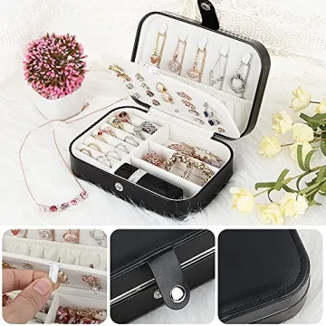 jiemei Jewelry Box, Travel Jewelry Organizer Cases with Doubel Layer for Women’s Necklace Earrings Rings and Travel Accessories (Black02)