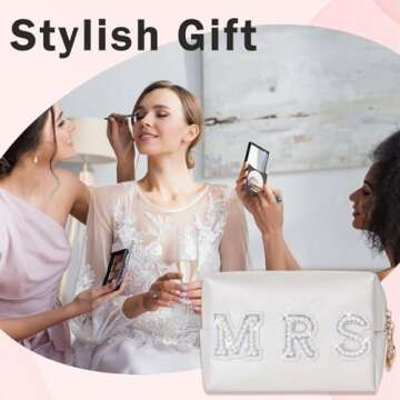 Bride Bag Bride Gift Make Up Bag Bachelorette Gifts for Bride Cosmetic PU Leather Pearl Rhinestone Letter Patches Bag Bride Beach Bag Travel Case Bride Purse Portable Bag (White-Mrs)