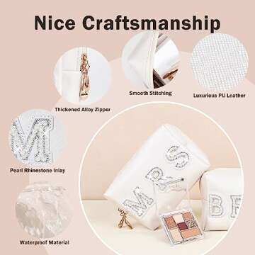 Bride Bag Bride Gift Make Up Bag Bachelorette Gifts for Bride Cosmetic PU Leather Pearl Rhinestone Letter Patches Bag Bride Beach Bag Travel Case Bride Purse Portable Bag (White-Mrs)