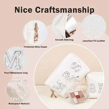 Bride Bag Bride Gift Make Up Bag Bachelorette Gifts for Bride Cosmetic PU Leather Pearl Rhinestone Letter Patches Bag Bride Beach Bag Travel Case Bride Purse Portable Bag (White-Mrs)