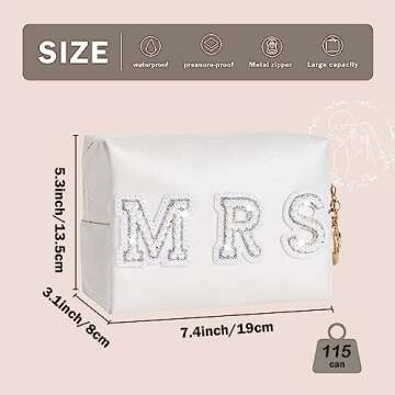 Bride Bag Bride Gift Make Up Bag Bachelorette Gifts for Bride Cosmetic PU Leather Pearl Rhinestone Letter Patches Bag Bride Beach Bag Travel Case Bride Purse Portable Bag (White-Mrs)