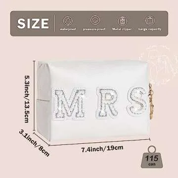 Bride Bag Bride Gift Make Up Bag Bachelorette Gifts for Bride Cosmetic PU Leather Pearl Rhinestone Letter Patches Bag Bride Beach Bag Travel Case Bride Purse Portable Bag (White-Mrs)