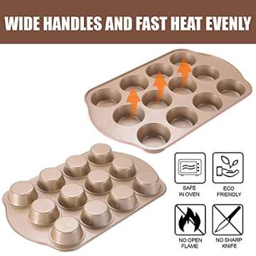 JOHO BAKING Nonstick Muffin Pan, Mini Cupcake Pan Set, Muffin Tins for Baking, 2 Pack, 12-Cup and 24-Cup, Gold