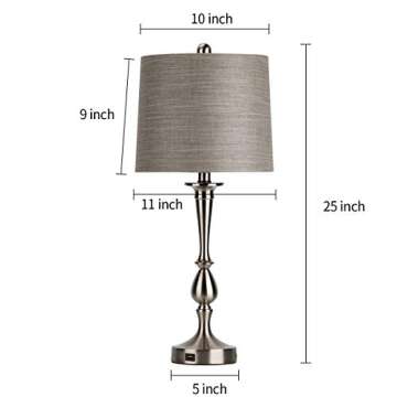 Oneach USB Table Lamp Set of 2 Modern Bedside Silver Desk Lamp with Charging Port for Living Room Bedroom Nightstand Coffee Table 25" Nickle Finish
