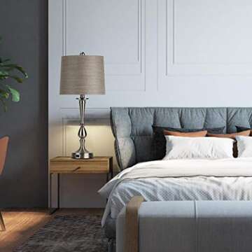 Oneach USB Table Lamp Set of 2 Modern Bedside Silver Desk Lamp with Charging Port for Living Room Bedroom Nightstand Coffee Table 25" Nickle Finish