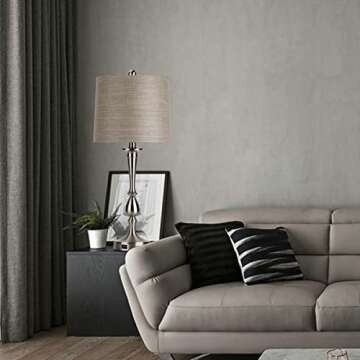 Oneach USB Table Lamp Set of 2 Modern Bedside Silver Desk Lamp with Charging Port for Living Room Bedroom Nightstand Coffee Table 25" Nickle Finish