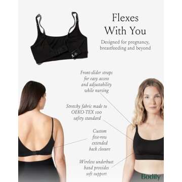 Bodily Everything Bra for Pregnancy, Nursing & Breastfeeding, Soft, Stretchy, Wireless Maternity & Sleep Bra with Clip Down Nursing Access Black