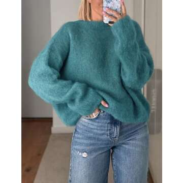 Antnation Womens Soft Fuzzy Knit Sweater Oversized Cozy Pullover Jumper Long Sleeve Casual Crewneck ...