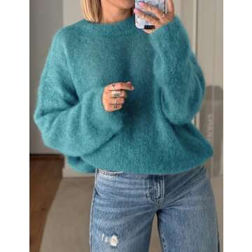 Antnation Womens Soft Fuzzy Knit Sweater Oversized Cozy Pullover Jumper Long Sleeve Casual Crewneck Sweater(Green-Medium)