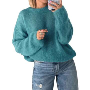 Antnation Womens Soft Fuzzy Knit Sweater Oversized Cozy Pullover Jumper Long Sleeve Casual Crewneck Sweater(Green-Medium)