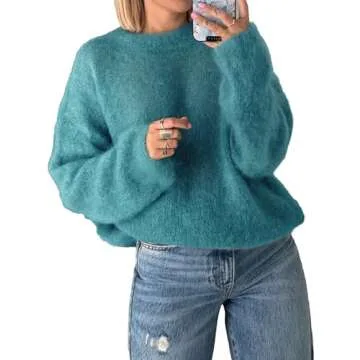 Antnation Womens Soft Fuzzy Knit Sweater Oversized Cozy Pullover Jumper Long Sleeve Casual Crewneck Sweater(Green-Medium)