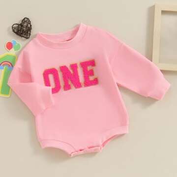 Lamuusaa Baby Girl Boy Birthday Outfit One Embroidery Romper Long Sleeve Crewneck Sweatshirt Birthday Gift