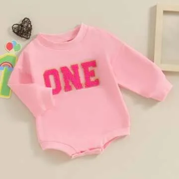 Lamuusaa Baby Girl Boy Birthday Outfit One Embroidery Romper Long Sleeve Crewneck Sweatshirt Birthday Gift