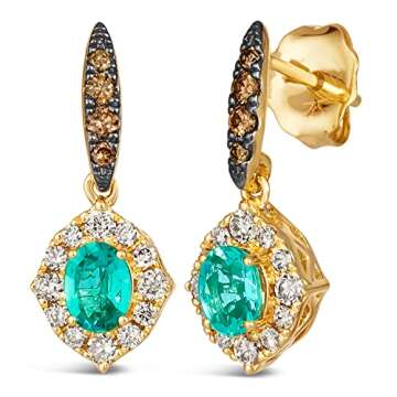 LE VIAN 1/3 Carat Diamond and 1/2 Carat Green Emerald Oval Halo Dangle Drop Earrings for Women in 14k Yellow Gold (White/Fancy Brown, cttw) Halo Earrings with Push Backs