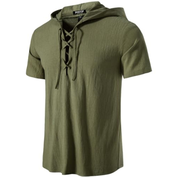 JEMITOP Men's Vintage Renaissance Costume Hooded Short Sleeve Lace up Shirts for Pirate Viking Medie...