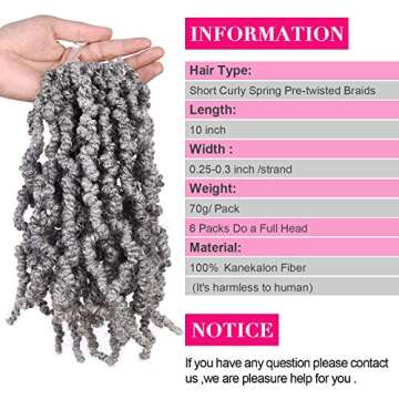3 Packs Short Grey Pre-twisted Spring Braids Synthetic Crochet Hair Extensions 10 inch 15 strands/pack Ombre Crochet Twist Braids Curly Twist Braiding Hair Bulk (10“ Pre-twisted (pack of 3), Grey#)