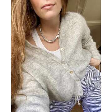 Women Button Down Cardigan Long Sleeve Crewneck Sweater Vintage Lightweight Knit Jacket Fall Going Out Top(Light Grey,M)