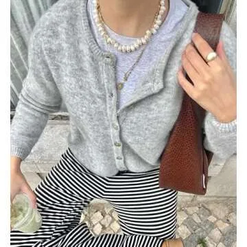 Women Button Down Cardigan Long Sleeve Crewneck Sweater Vintage Lightweight Knit Jacket Fall Going Out Top(Light Grey,M)