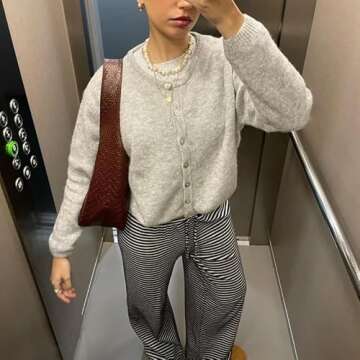 Women Button Down Cardigan Long Sleeve Crewneck Sweater Vintage Lightweight Knit Jacket Fall Going Out Top(Light Grey,M)