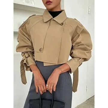 Verdusa Women's Button Front Buckle Raglan Sleeve Crop Jacket Trench Coat Khaki Large