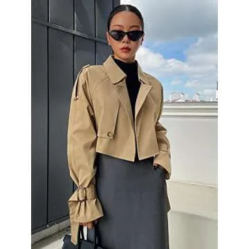 Verdusa Women's Button Front Buckle Raglan Sleeve Crop Jacket Trench Coat Khaki Large