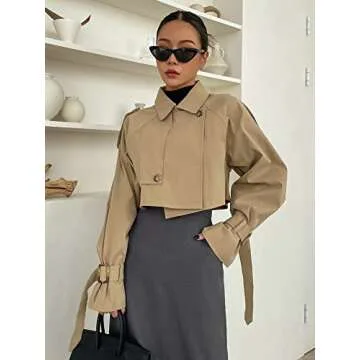 Verdusa Women's Button Front Buckle Raglan Sleeve Crop Jacket Trench Coat Khaki Large