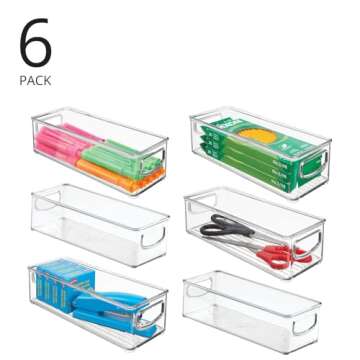 mDesign Small Plastic Office Storage Container Bins with Handles for Organization in Filing Cabinet, Closet Shelf, or Desk Drawers, Organizer for Notes, Pens, Pencils, Ligne Collection, 6 Pack - Clear