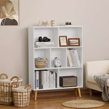 YAHARBO White Bookshelf,3 Tier Book Shelf with Legs, 7 Cube Minimalist Bookcase,Storage Organizer Sh...