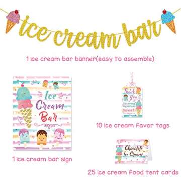 Ice Cream Bar Decorations Kit Gold Glitter Banner Ice Cream Sundae Bar Table Sign Food Tents Labels ...