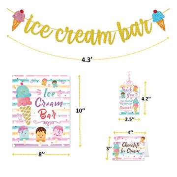 Ice Cream Bar Decorations Kit Gold Glitter Banner Ice Cream Sundae Bar Table Sign Food Tents Labels Thank You Cards Tags for Summer Ice Cream Birthday Party Supplies