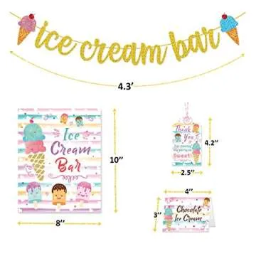 Ice Cream Bar Decorations Kit Gold Glitter Banner Ice Cream Sundae Bar Table Sign Food Tents Labels Thank You Cards Tags for Summer Ice Cream Birthday Party Supplies