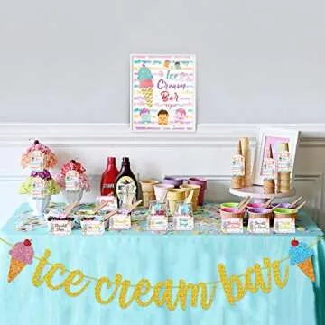 Ice Cream Bar Decorations Kit Gold Glitter Banner Ice Cream Sundae Bar Table Sign Food Tents Labels Thank You Cards Tags for Summer Ice Cream Birthday Party Supplies