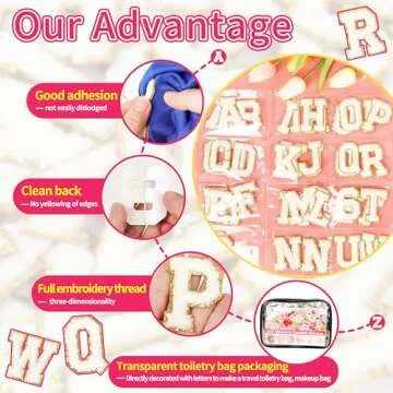 White Chenille Letters Self-Adhesive Patches: KINGSOW 52PCS Self Adhesive Varsity Iron on Letter Patches Stick on Embroidered Patch for Clothing