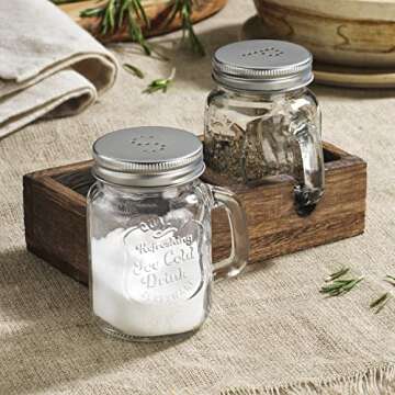 MosJos Mason Jar Salt and Pepper Shakers Set - Vintage Glass & Wooden Holder Caddy - Farmhouse Kitch...