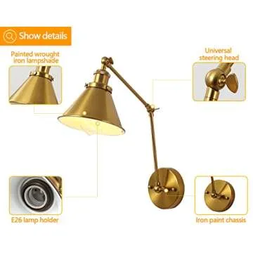 OVANUS Gold Swing Arm Wall Sconce, Adjustable Hardwired Wall Lamp Set of 2