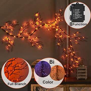 Hairui Halloween Garland with Lights 120 Orange and Purple Bi-Color Fairy Lights 8 Functions, Lighted Black Garland 6FT Battery Operated for Indoor Outdoor Home Halloween Decoration