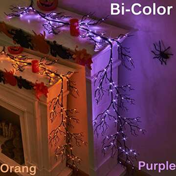 Hairui Halloween Garland with Lights 120 Orange and Purple Bi-Color Fairy Lights 8 Functions, Lighted Black Garland 6FT Battery Operated for Indoor Outdoor Home Halloween Decoration