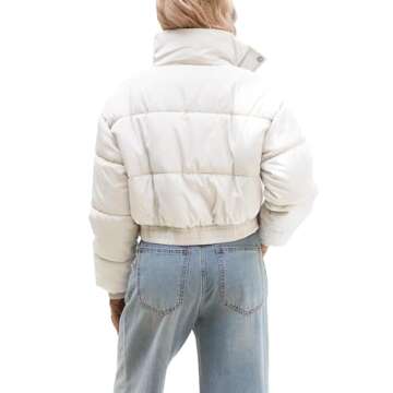 URMOSS Women's Cropped Puffer Jacket Long Sleeve Puffy Coat Winter Lightweight Stand Collar Button Down Zip Up Quilted Padded Outwear with Pockets White S