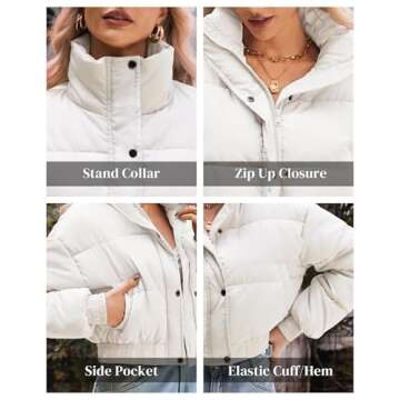 URMOSS Women's Cropped Puffer Jacket Long Sleeve Puffy Coat Winter Lightweight Stand Collar Button Down Zip Up Quilted Padded Outwear with Pockets White S